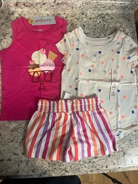 Cat & Jack Girls Pink Ice Cream Tank, White Heart Tee & Striped Shorts Set